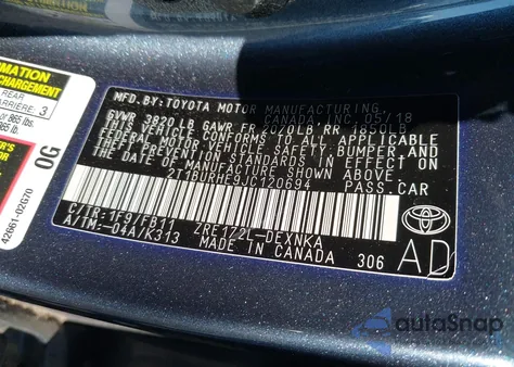 2018 Toyota Corolla Le из США, поврежденный, VIN 2T1BURHE9JC120694